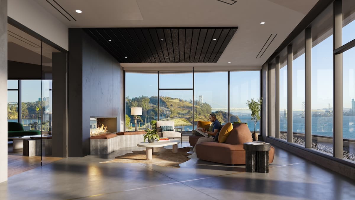 Spacious modern living room with floor-to-ceiling windows overlooking San Francisco Bay, highlighting luxury Treasure Island waterfront residences.