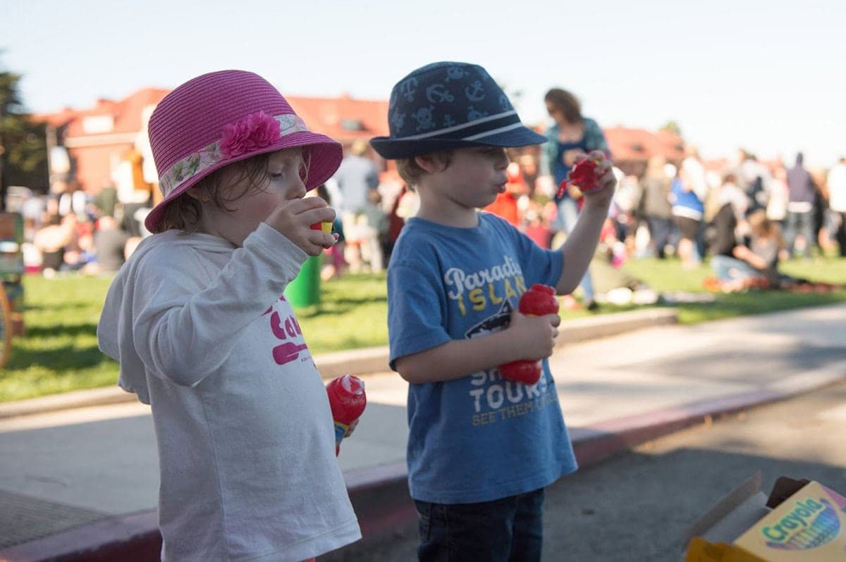 Two young children wearing sun hats blow bubbles while standing at an outdoor community picnic on a sunny day.