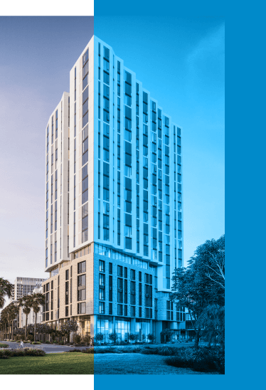 Modern high-rise residential tower with contemporary architecture and palm-lined landscaping, shown with a blue overlay design effect to highlight urban real estate development and luxury apartments.