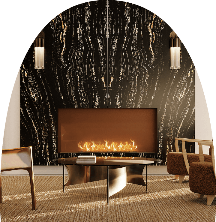 Elegant residential lounge featuring a dramatic black marble fireplace wall with gold veining, modern linear fire feature, and contemporary seating arranged around a glass coffee table in a refined apartment setting.