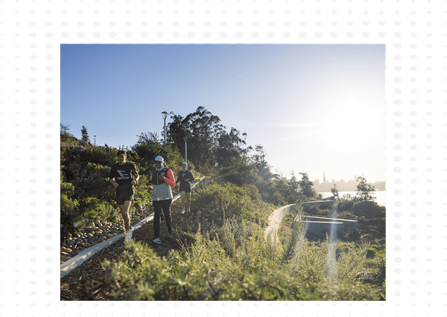 Three people jogging along a narrow hillside trail bordered by greenery and rocks, with the bay and a distant city skyline visible in the background under warm, low-angle sunlight.