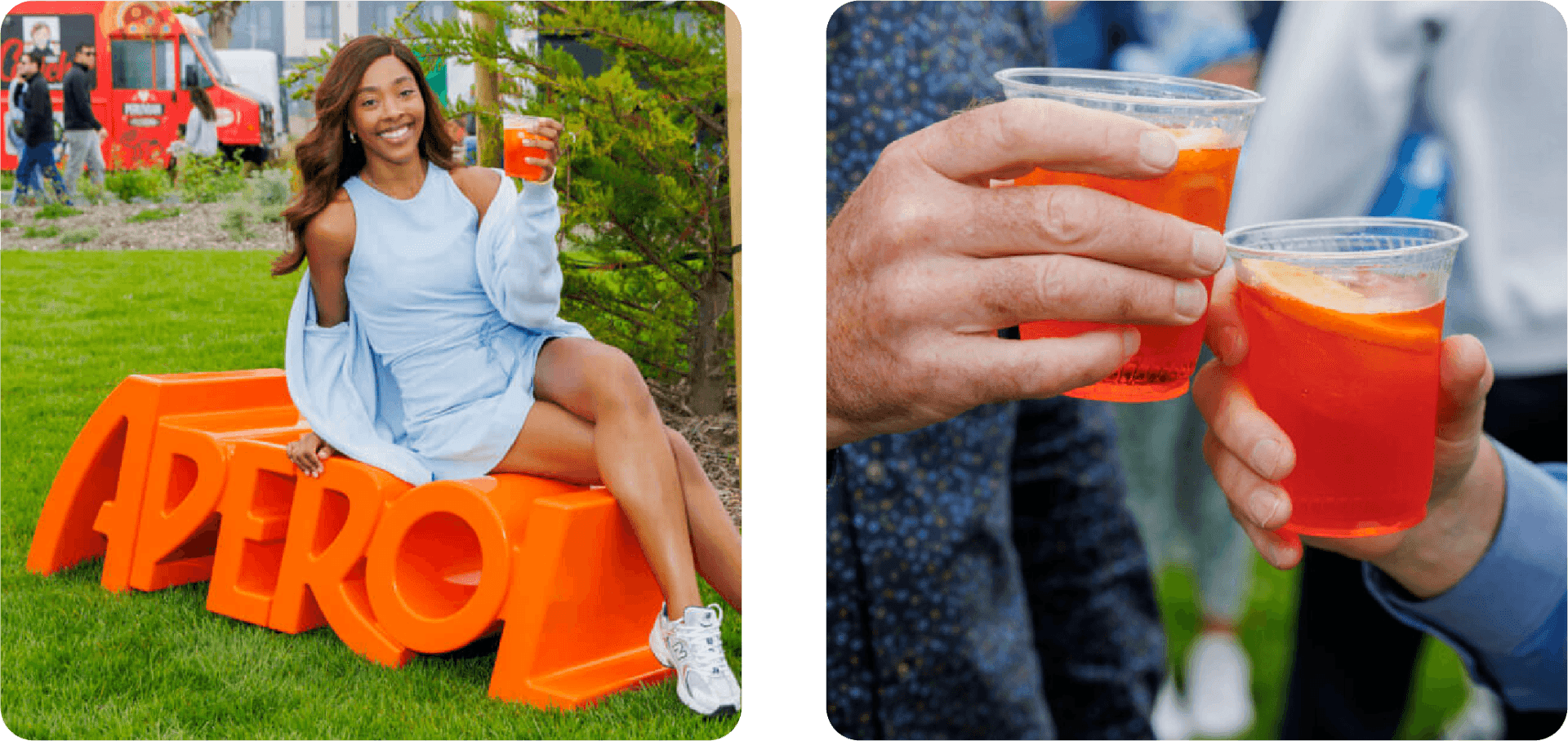 Woman sitting on large orange ‘Apero’ sign holding a drink at an outdoor event and a Close-up of two people clinking orange cocktails in plastic cups at a social gathering.