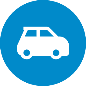 White car icon inside a blue circular shape on a transparent background