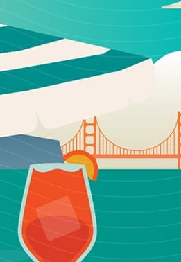 Illustration of a cocktail glass and the Golden Gate Bridge over stylized teal water