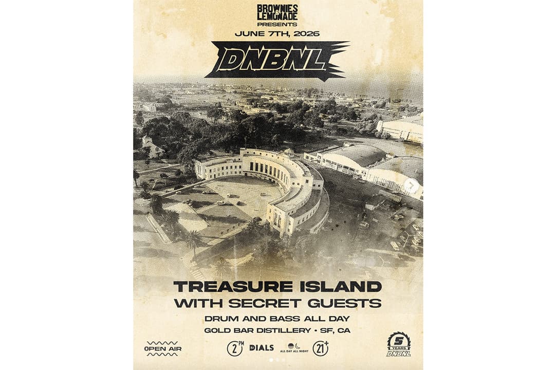 Vintage-style event flyer featuring an aerial view of Treasure Island with text reading “Brownies & Lemonade Presents DNBNL,” “Treasure Island with Secret Guests,” and “Drum and Bass All Day” at Gold Bar Distillery in San Francisco on June 7, 2026.