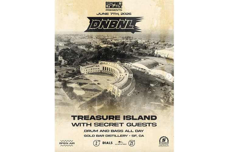 Vintage-style event flyer featuring an aerial view of Treasure Island with text reading “Brownies & Lemonade Presents DNBNL,” “Treasure Island with Secret Guests,” and “Drum and Bass All Day” at Gold Bar Distillery in San Francisco on June 7, 2026.