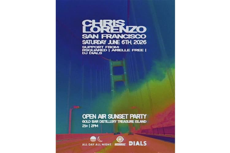 Event flyer with a colorful, stylized Golden Gate Bridge background reading “Chris Lorenzo, San Francisco, Saturday June 6th, 2026,” with support from RSQUARED, Arielle Free, and DJ Dials. The flyer promotes an open-air sunset party at Gold Bar Distillery on Treasure Island, 21+, starting at 2PM