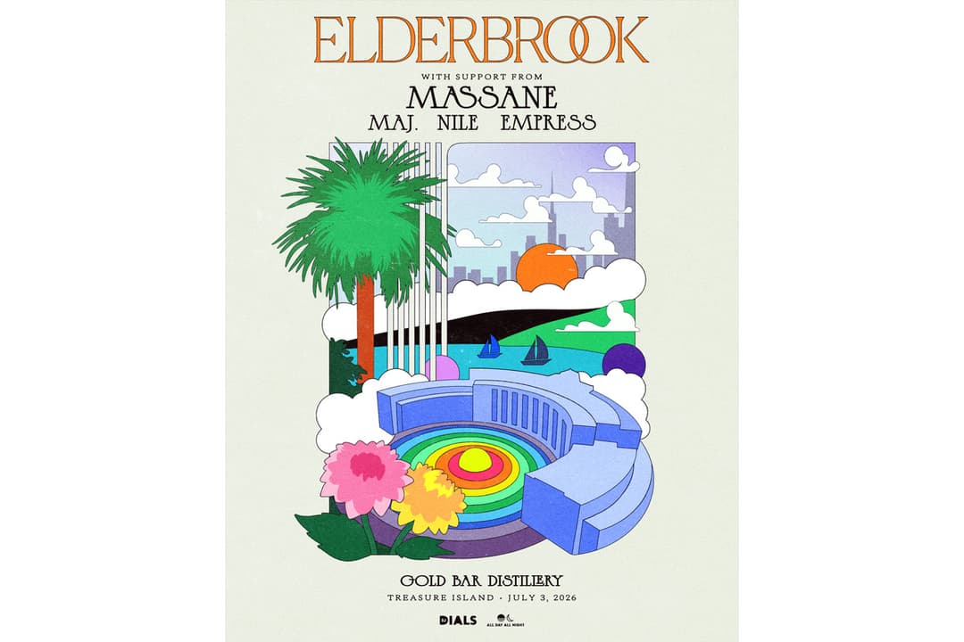 Event poster for Elderbrook with support from Massane, Maj, Nile, and Empress at Gold Bar Distillery on Treasure Island on July 3, 2026, featuring a colorful illustrated waterfront scene.