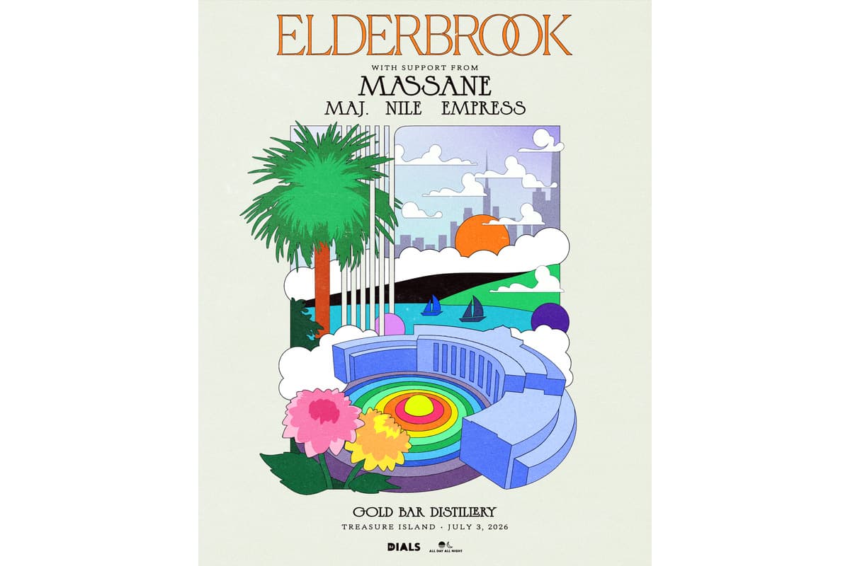 Event poster for Elderbrook with support from Massane, Maj, Nile, and Empress at Gold Bar Distillery on Treasure Island on July 3, 2026, featuring a colorful illustrated waterfront scene.