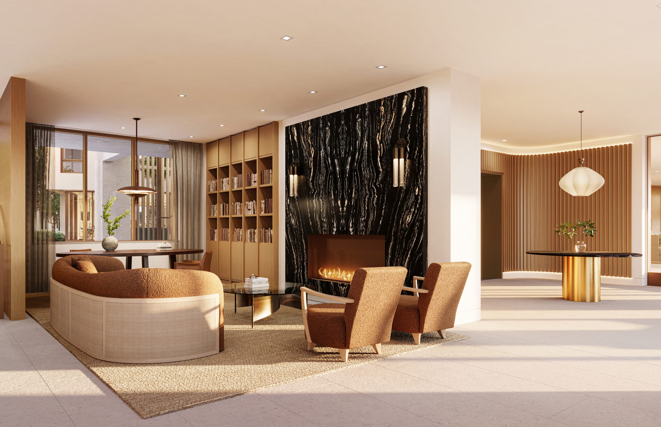 Sophisticated residential lobby and lounge on Treasure Island featuring a dramatic black marble fireplace wall, custom millwork shelving, warm wood accents, and contemporary seating in a light-filled modern interior.