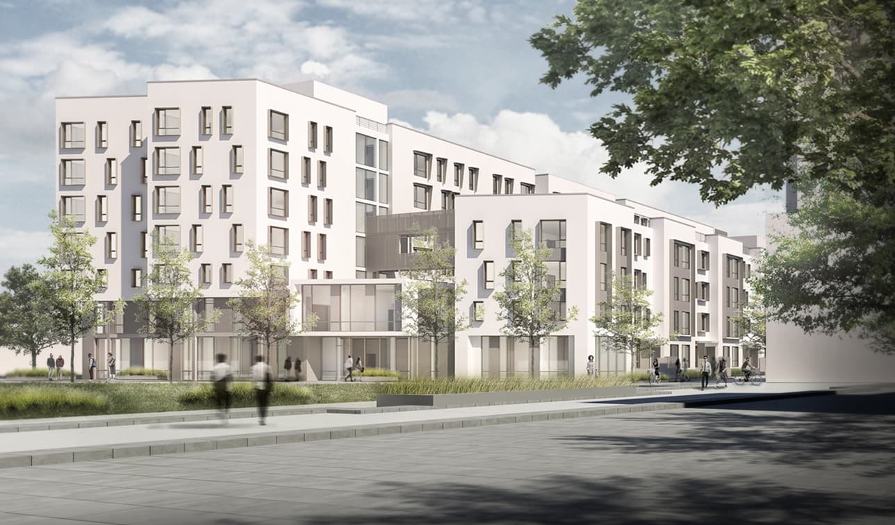 Architectural rendering of Star Court affordable housing development on Treasure Island, featuring modern mid-rise apartment buildings, landscaped pedestrian pathways, and street-level community spaces in San Francisco.