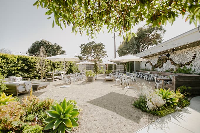 Sunny outdoor patio at Aracely Café on Treasure Island featuring garden landscaping, shaded umbrellas, communal tables, and mural art for al fresco dining in San Francisco.