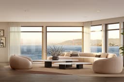 A stylish, sunlit living room with soft neutral furnishings and floor-to-ceiling windows showcasing sweeping waterfront views and the Golden Gate Bridge in the distance.