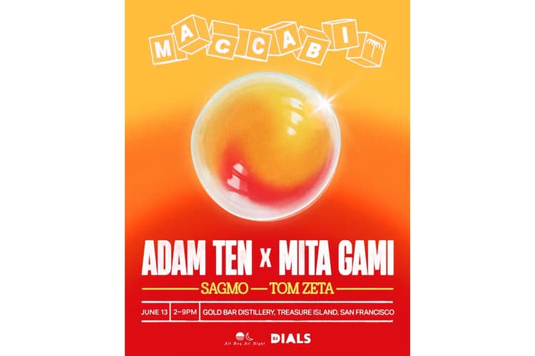 Event poster for Maccabi featuring Adam Ten x Mita Gami, with support from Sagmo and Tom Zeta, at Gold Bar Distillery on Treasure Island on June 13 from 2–9 PM.